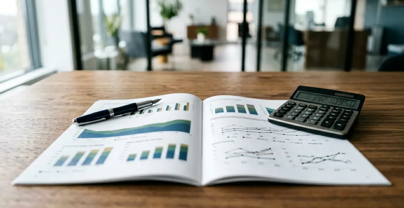 Bureau moderne avec bilan comptable et calculatrice montrant une analyse financière approfondie