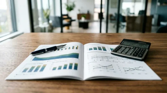 Bureau moderne avec bilan comptable et calculatrice montrant une analyse financière approfondie