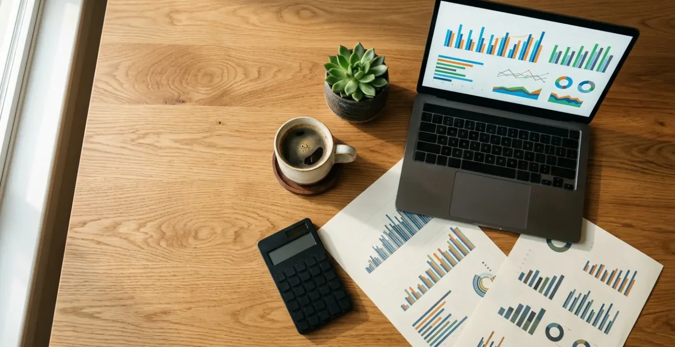 Vue aérienne d'un bureau moderne avec des graphiques financiers colorés et des documents comptables organisés méthodiquement