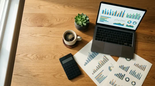 Vue aérienne d'un bureau moderne avec des graphiques financiers colorés et des documents comptables organisés méthodiquement