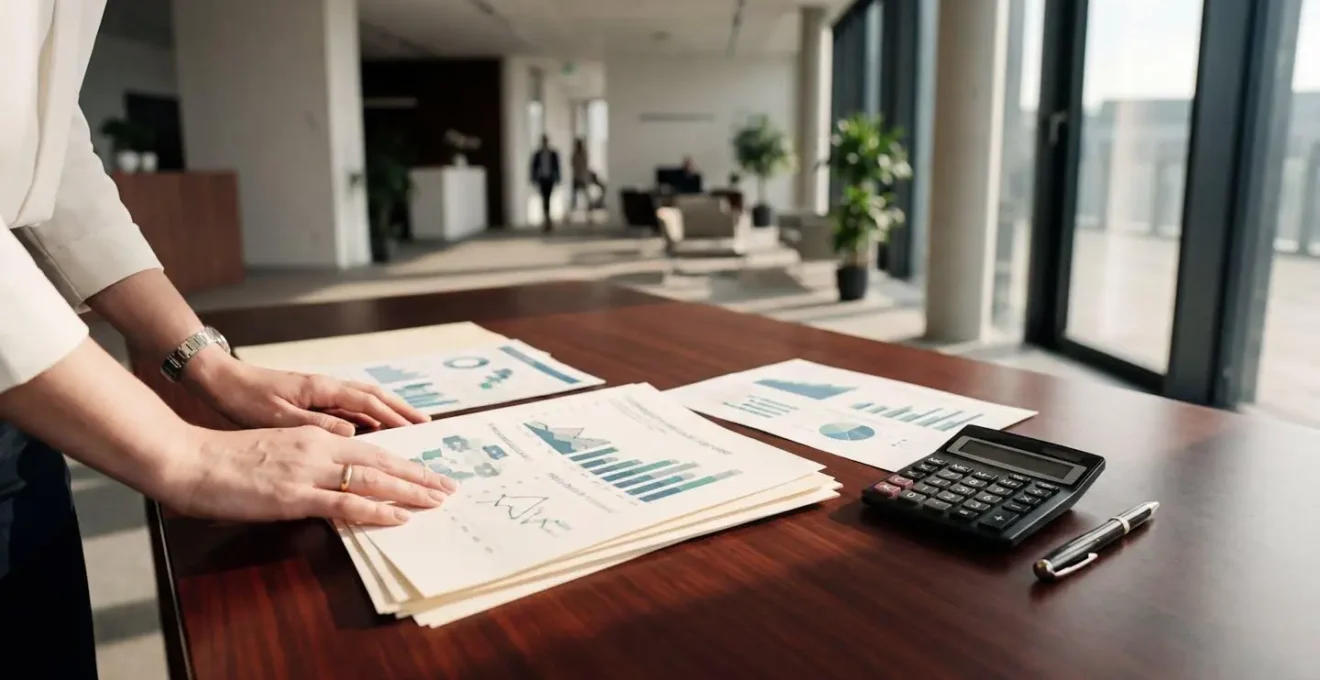 Bureau moderne avec documents financiers analysés par un banquier sous lumière naturelle