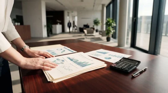 Bureau moderne avec documents financiers analysés par un banquier sous lumière naturelle