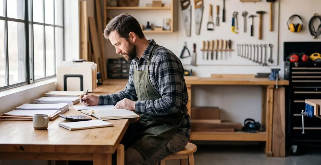 Artisan consultant son grand livre comptable dans un atelier avec outils et documents organisés