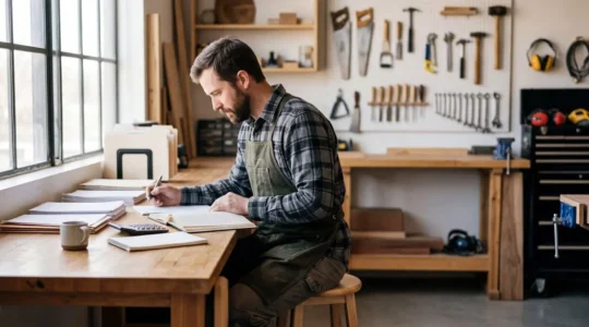 Artisan consultant son grand livre comptable dans un atelier avec outils et documents organisés