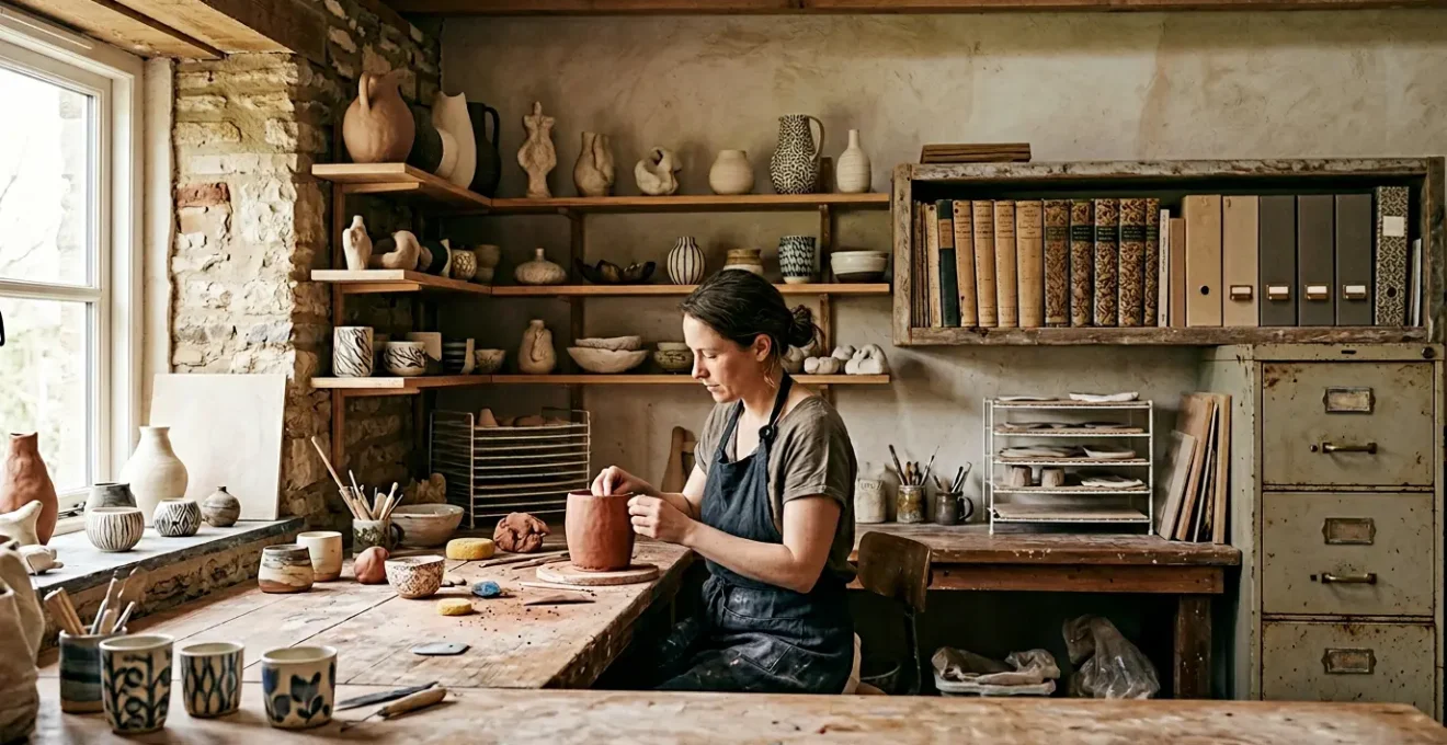 Un artisan d'art travaillant dans son atelier entouré d'œuvres et de documents administratifs