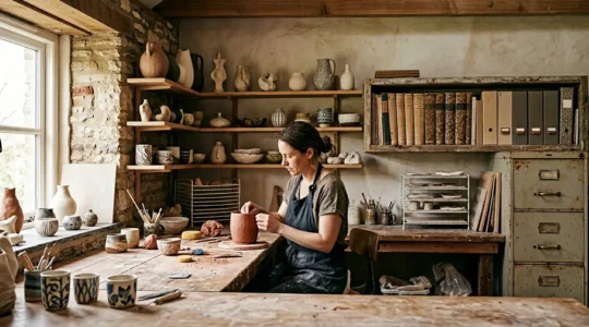 Un artisan d'art travaillant dans son atelier entouré d'œuvres et de documents administratifs