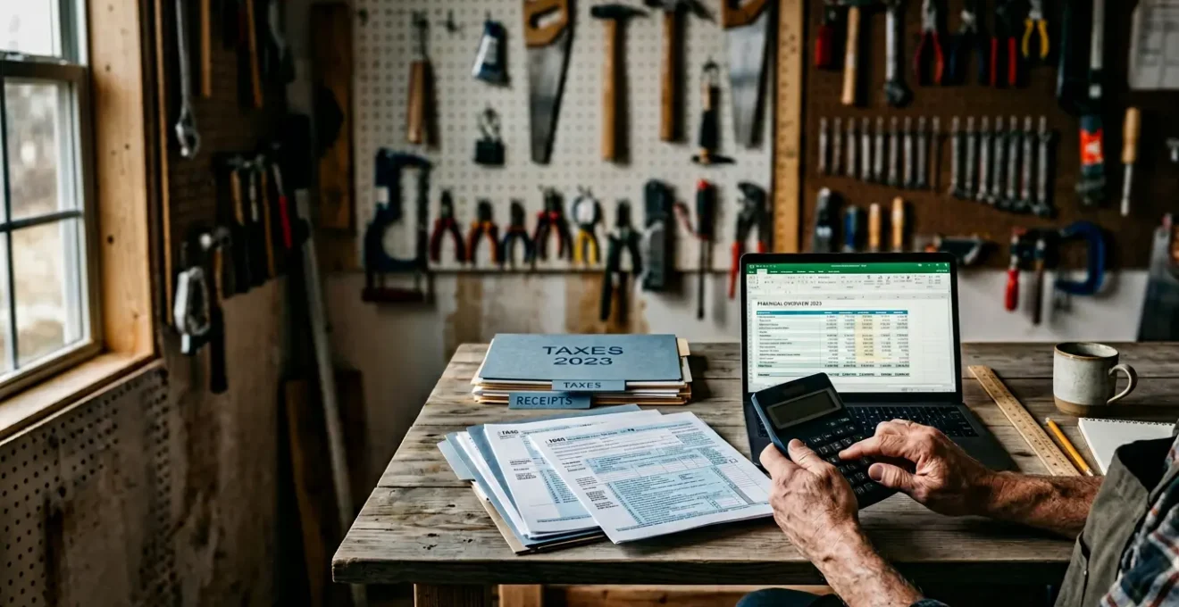 Artisan dans son bureau analysant des documents fiscaux avec une calculatrice