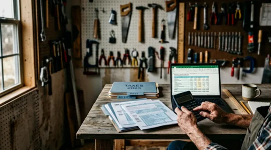 Artisan dans son bureau analysant des documents fiscaux avec une calculatrice