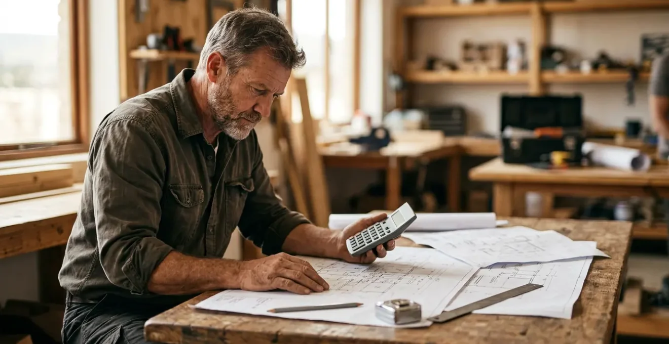 Artisan analysant la rentabilité d'un chantier avec calculatrice et plans de construction sur un bureau en bois