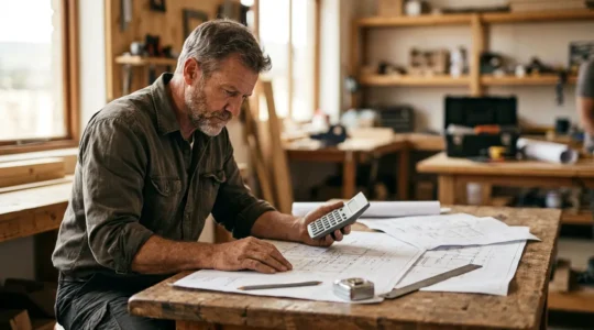 Artisan analysant la rentabilité d'un chantier avec calculatrice et plans de construction sur un bureau en bois