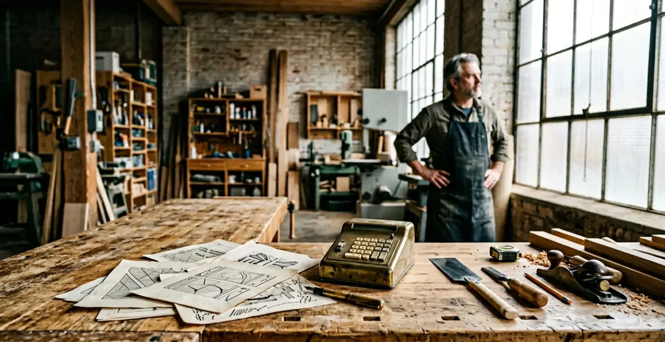 Artisan analysant des documents fiscaux avec une calculatrice sur un établi en bois