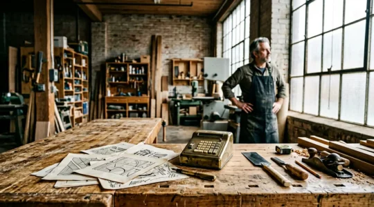 Artisan analysant des documents fiscaux avec une calculatrice sur un établi en bois