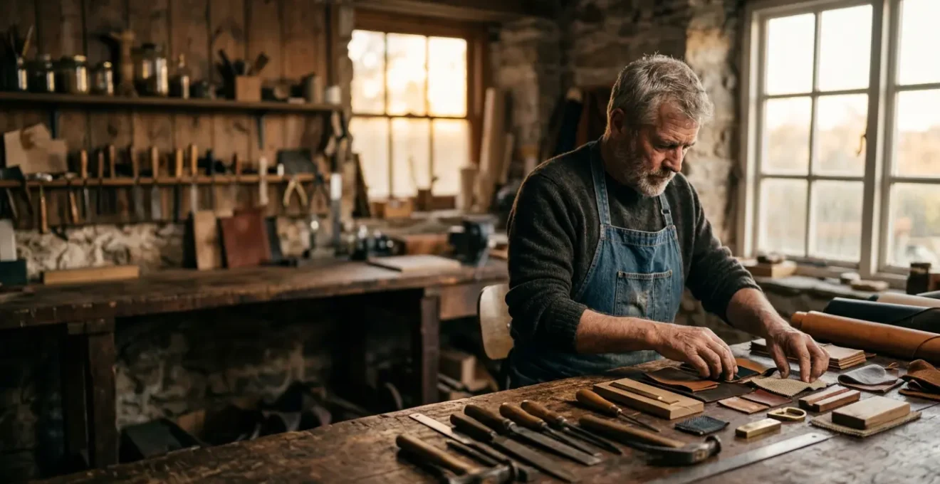 Un artisan dans son atelier organise méticuleusement ses documents et outils de travail pour sa VAE
