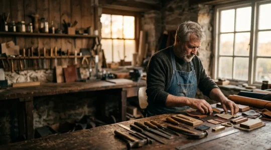 Un artisan dans son atelier organise méticuleusement ses documents et outils de travail pour sa VAE