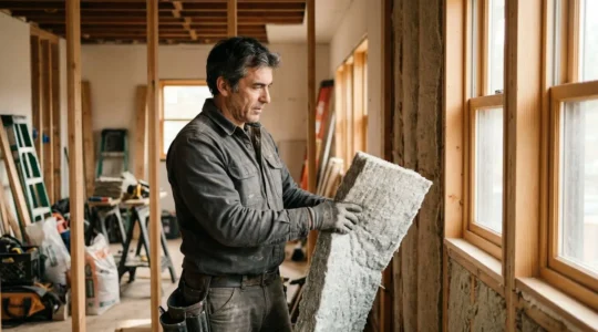 Artisan qualifié RGE travaillant sur un chantier de rénovation thermique dans une maison moderne