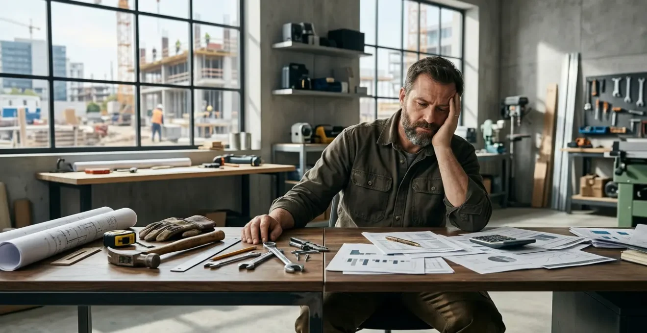 Artisan en tenue de travail dans son bureau consultant des documents comptables avec des outils de chantier à proximité