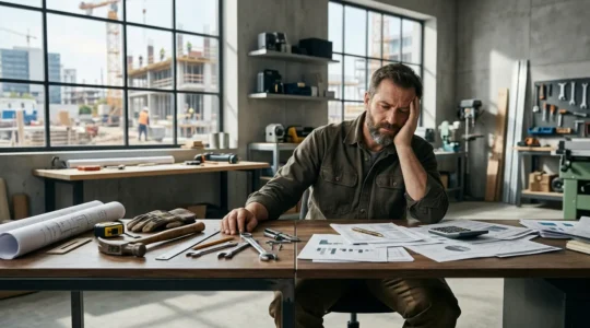Artisan en tenue de travail dans son bureau consultant des documents comptables avec des outils de chantier à proximité