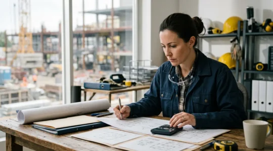 Artisan du bâtiment examinant des documents de TVA dans son bureau