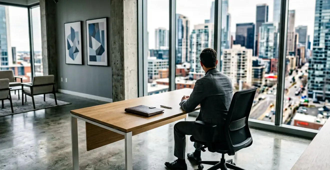 Dirigeant d'entreprise seul dans un bureau moderne prenant des décisions importantes