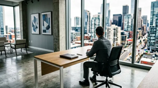 Dirigeant d'entreprise seul dans un bureau moderne prenant des décisions importantes