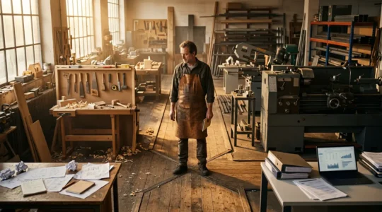 Artisan dans son atelier contemplant sa croissance avec des documents comptables et une machine-outil en arrière-plan