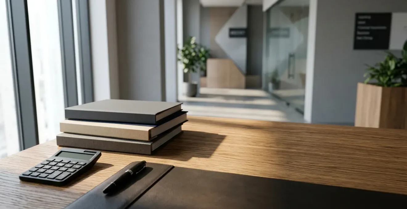 Espace de travail professionnel avec documents d'audit et calculatrice posés sur bureau en bois, éclairage naturel par fenêtre