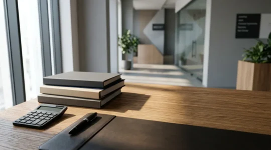 Espace de travail professionnel avec documents d'audit et calculatrice posés sur bureau en bois, éclairage naturel par fenêtre