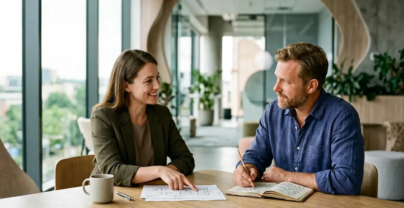 Bureau moderne avec conseiller et artisan en réunion de travail