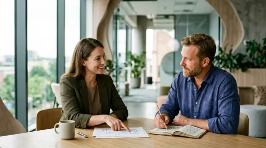 Bureau moderne avec conseiller et artisan en réunion de travail