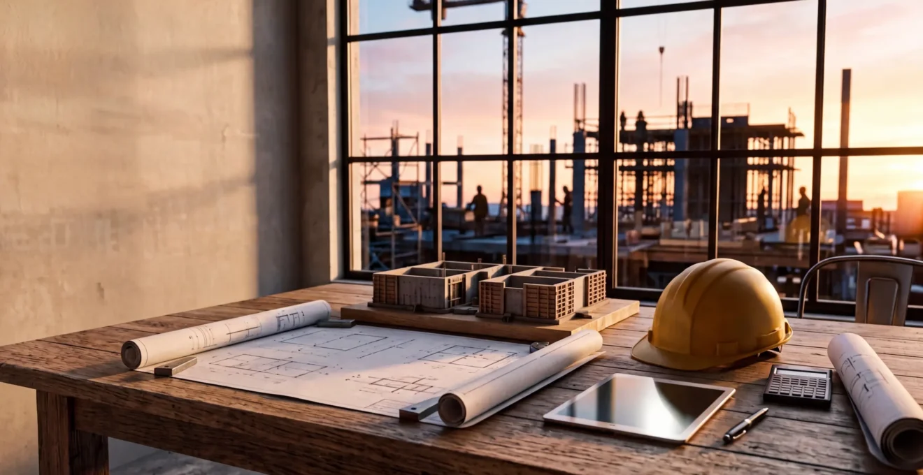 Entrepreneur analysant des documents de calcul de marge pour un chantier BTP