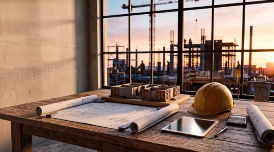 Entrepreneur analysant des documents de calcul de marge pour un chantier BTP