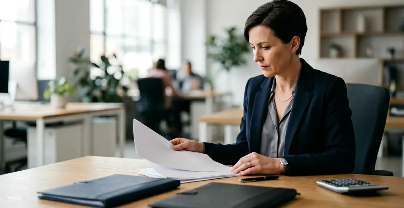 Dirigeant d'entreprise analysant des documents comptables confidentiels dans son bureau