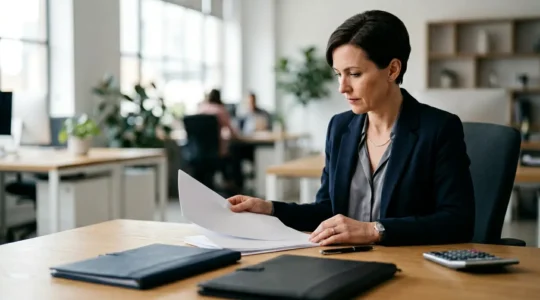 Dirigeant d'entreprise analysant des documents comptables confidentiels dans son bureau