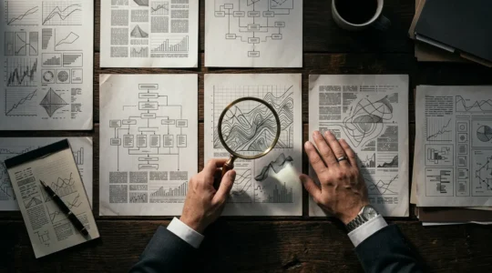 Professionnels analysant des documents fiscaux sur un bureau moderne