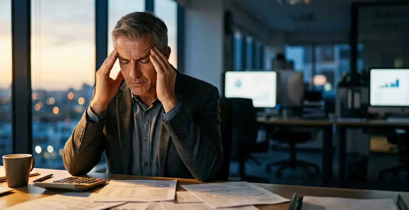 Dirigeant d'entreprise analysant ses finances face à une crise de trésorerie causée par des impayés