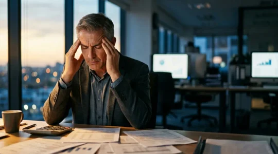 Dirigeant d'entreprise analysant ses finances face à une crise de trésorerie causée par des impayés