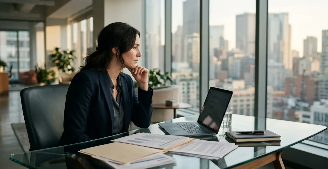 Dirigeant réfléchissant à sa stratégie de rémunération entre dividendes et salaire dans son bureau moderne