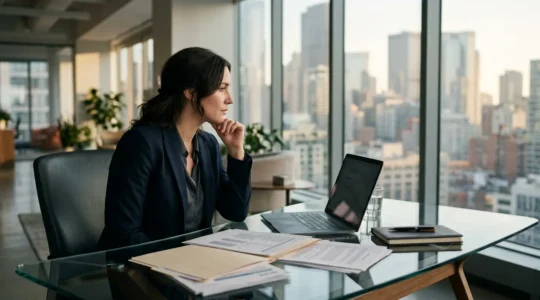 Dirigeant réfléchissant à sa stratégie de rémunération entre dividendes et salaire dans son bureau moderne