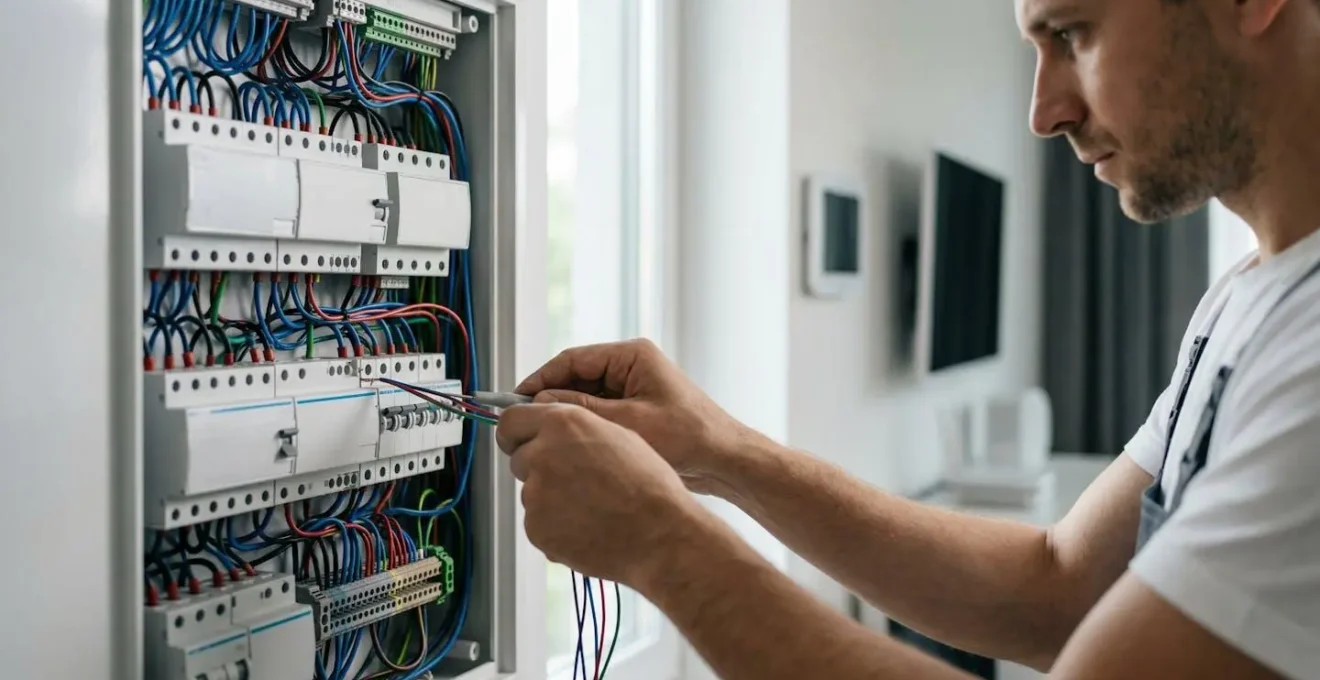 Électricien professionnel vérifiant une installation domotique complexe dans un tableau électrique moderne
