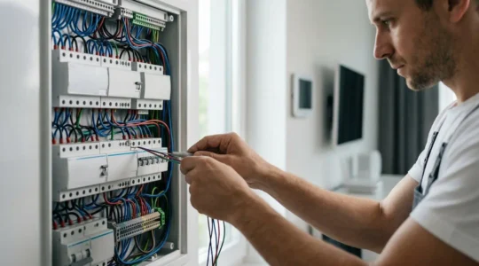 Électricien professionnel vérifiant une installation domotique complexe dans un tableau électrique moderne