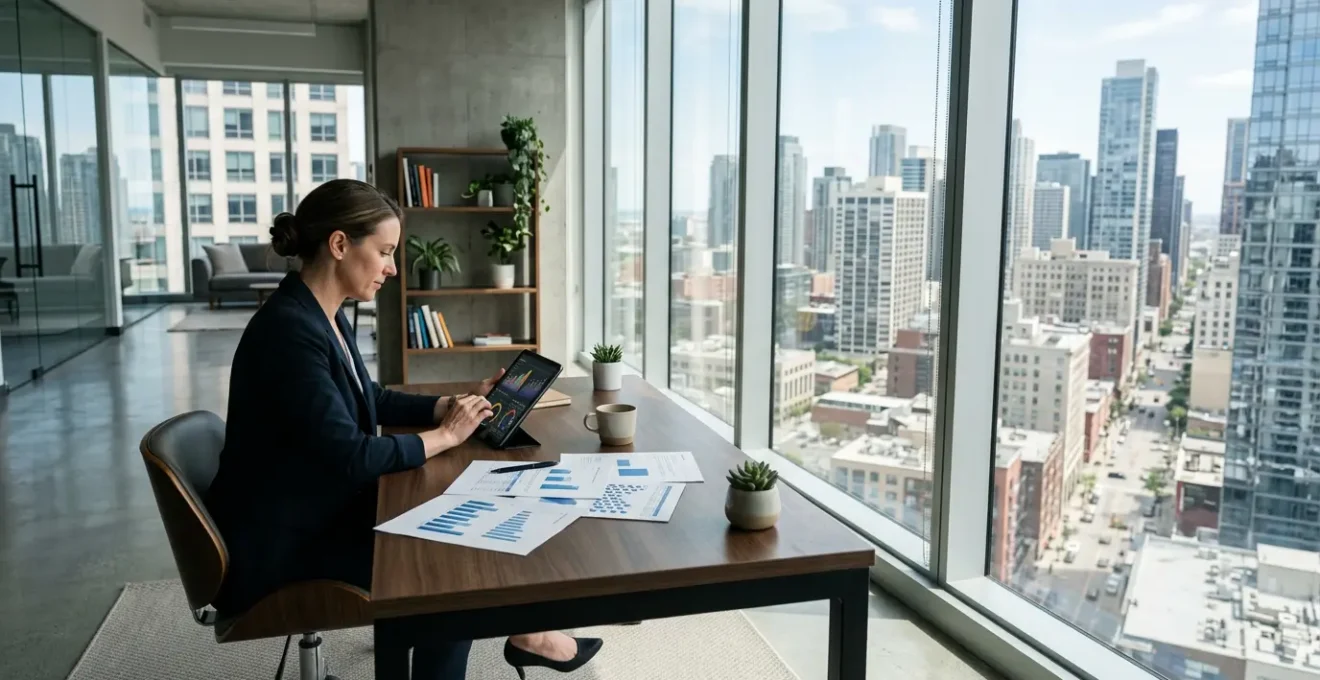 Entrepreneur analysant des documents financiers dans un bureau moderne avec vue sur la ville