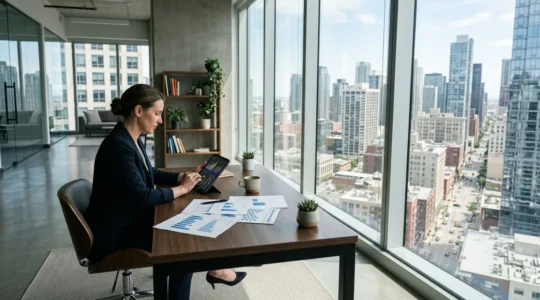 Entrepreneur analysant des documents financiers dans un bureau moderne avec vue sur la ville
