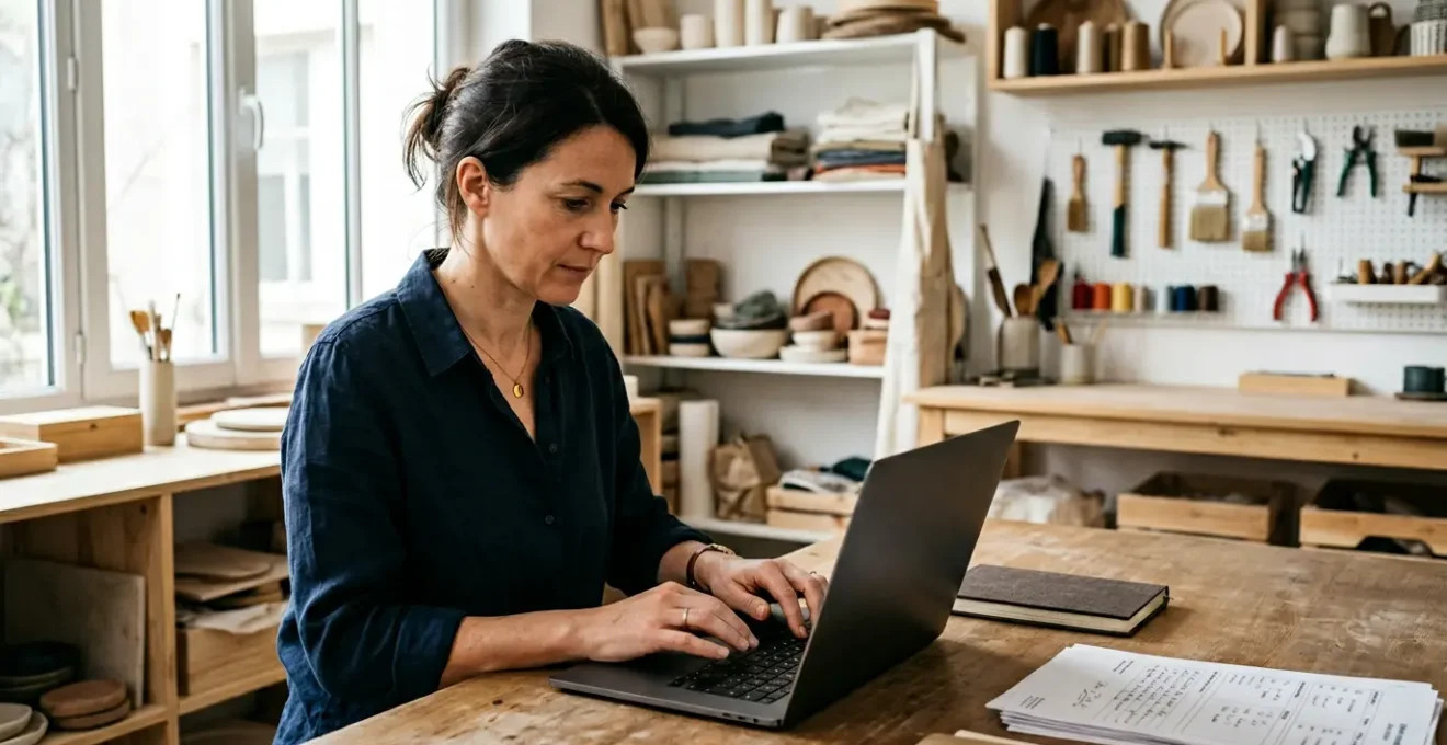 Entrepreneur artisan consultant son ordinateur pour ses démarches administratives d'immatriculation