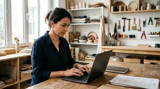 Entrepreneur artisan consultant son ordinateur pour ses démarches administratives d'immatriculation