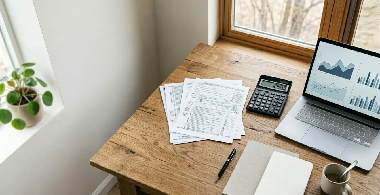Entrepreneur examinant des documents de CFE avec une calculatrice sur son bureau