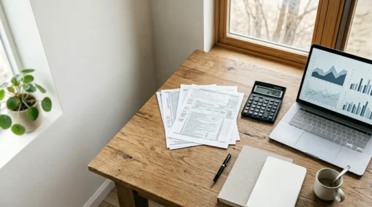Entrepreneur examinant des documents de CFE avec une calculatrice sur son bureau