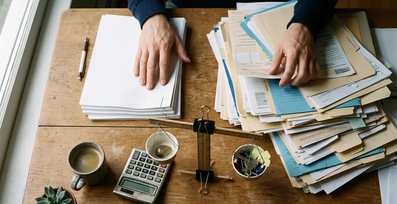 Entrepreneur analysant des documents fiscaux avec calculatrice et tableaux comparatifs sur son bureau