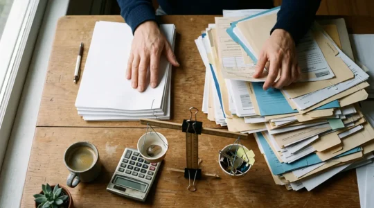 Entrepreneur analysant des documents fiscaux avec calculatrice et tableaux comparatifs sur son bureau