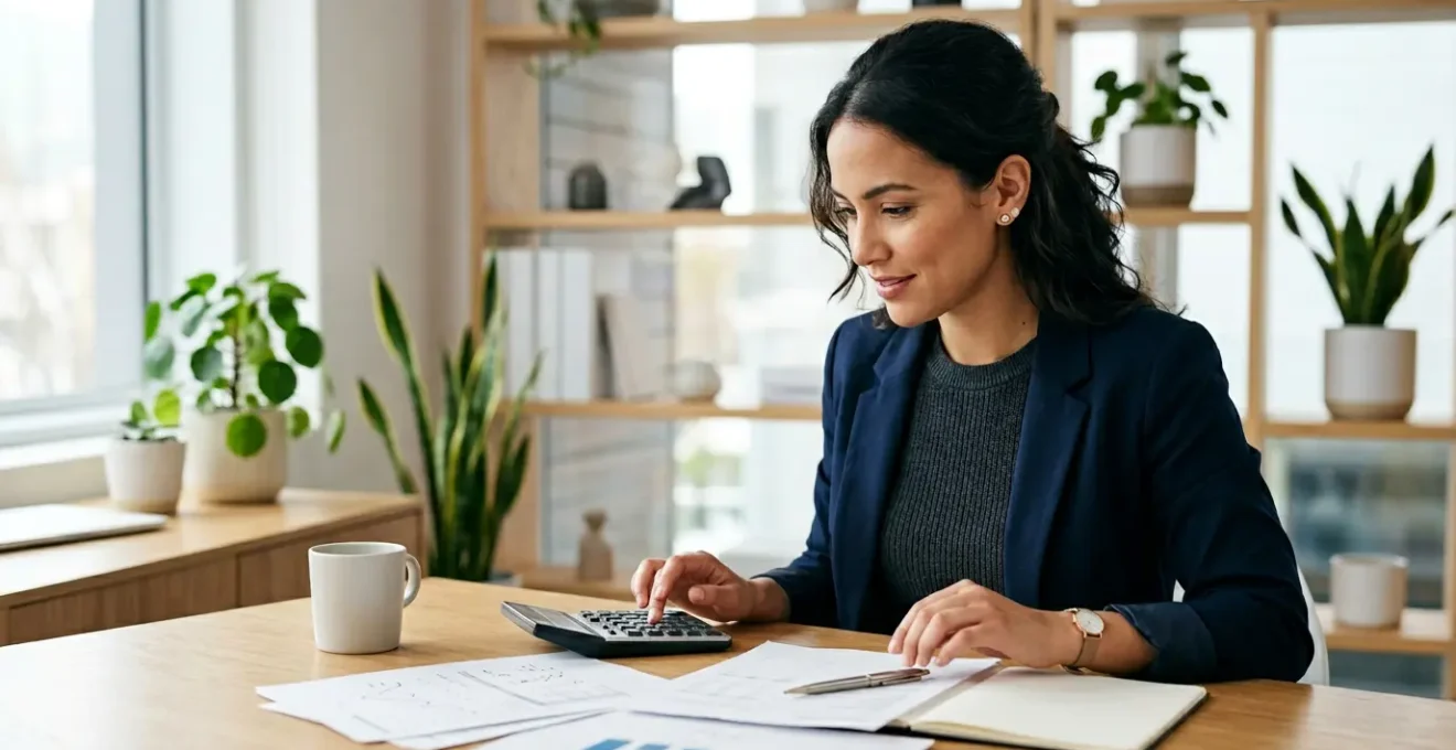 Un entrepreneur consultant des documents financiers avec une calculatrice et un ordinateur portable dans un bureau lumineux