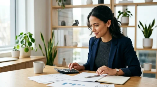 Un entrepreneur consultant des documents financiers avec une calculatrice et un ordinateur portable dans un bureau lumineux